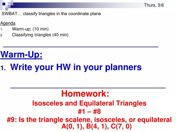 swbat classify triangles in the coordinate plane