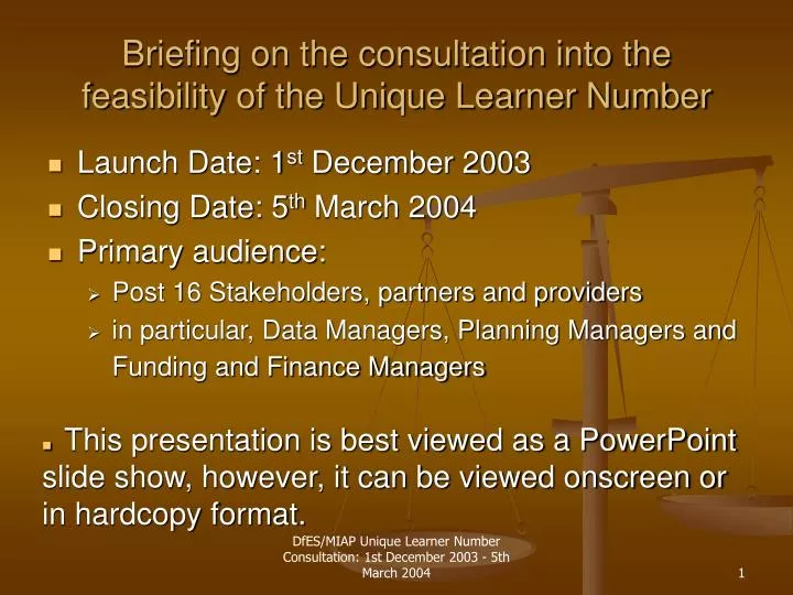 briefing on the consultation into the feasibility of the unique learner number