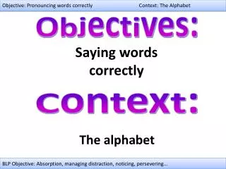 Objective: Pronouncing words correctly Context: The Alphabet