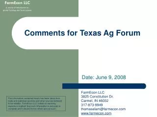 Comments for Texas Ag Forum