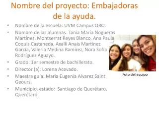 nombre del proyecto embajadoras de la ayuda