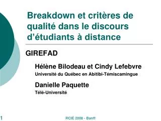 breakdown et crit res de qualit dans le discours d tudiants distance