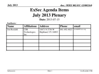 ExSec Agenda Items July 2013 Plenary