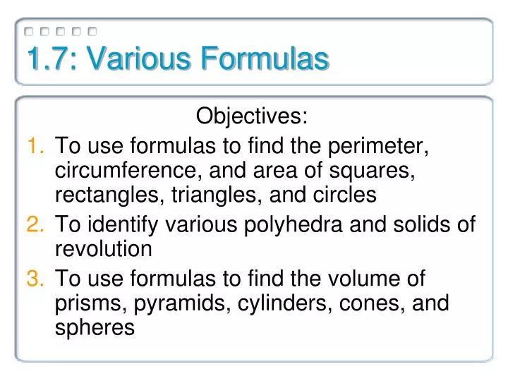 1 7 various formulas