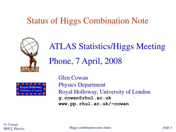 status of higgs combination note