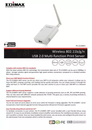 Wireless 802.11b/g/n USB 2.0 Multi-function Print Server