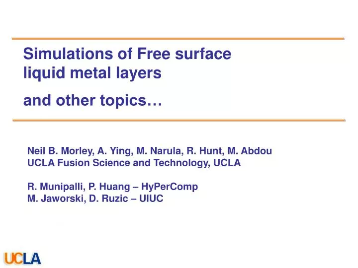 simulations of free surface liquid metal layers and other topics