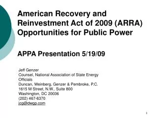 American Recovery and Reinvestment Act of 2009 (ARRA) Opportunities for Public Power
