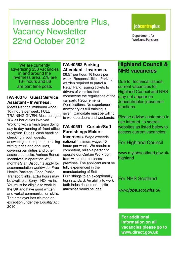inverness jobcentre plus vacancy newsletter 22nd october 2012