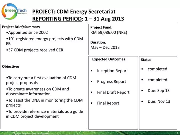 project cdm energy secretariat reporting period 1 31 aug 2013