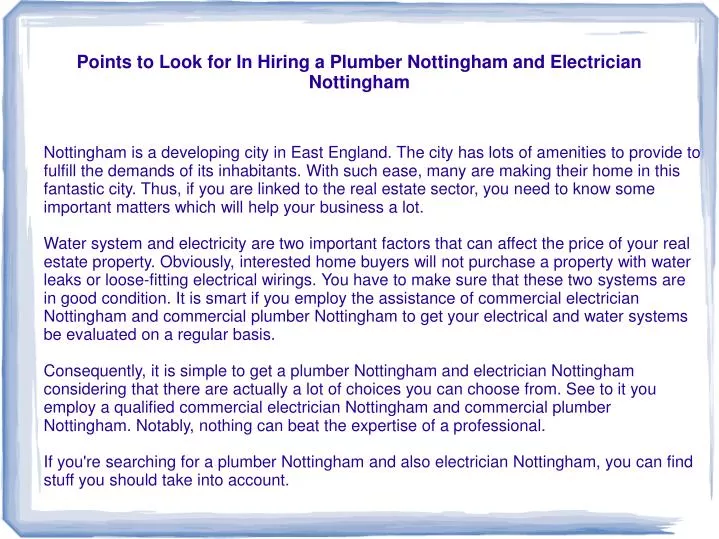 points to look for in hiring a plumber nottingham and electrician nottingham