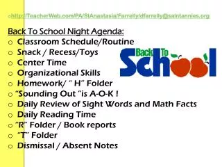 Back To School Night Agenda: Classroom Schedule/Routine Snack / Recess/Toys Center Time