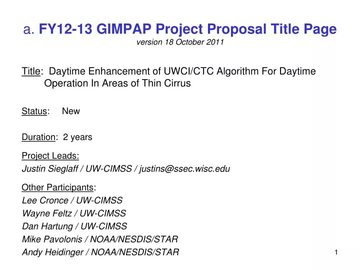 a fy12 13 gimpap project proposal title page version 18 october 2011