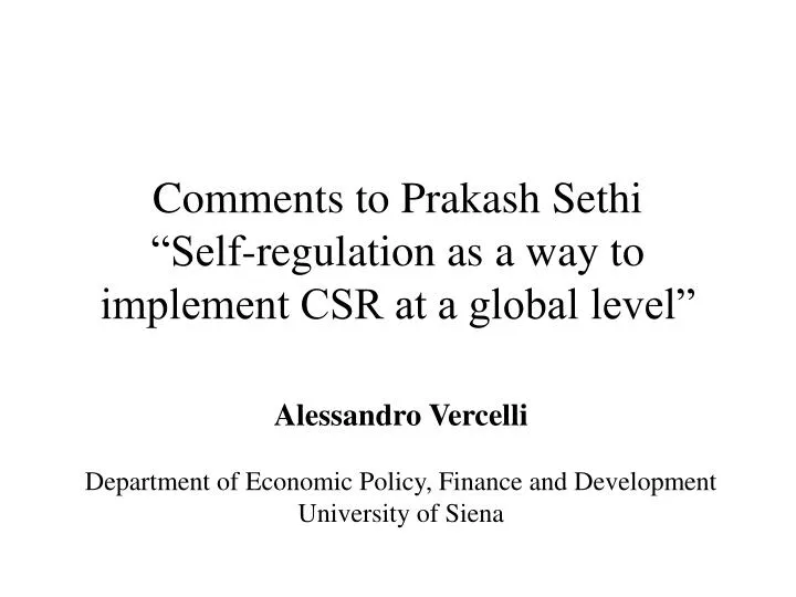 comments to prakash sethi self regulation as a way to implement csr at a global level