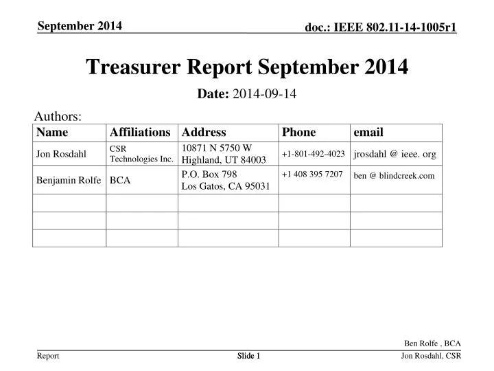 treasurer report september 2014