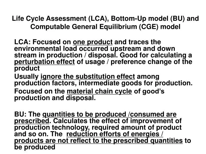 life cycle assessment lca bottom up model bu and computable general equilibrium cge model
