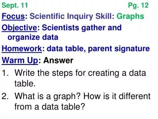 Sept. 11							Pg. 12 Focus : Scientific Inquiry Skill: Graphs