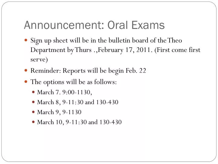 announcement oral exams