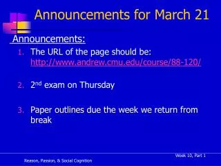 Announcements for March 21