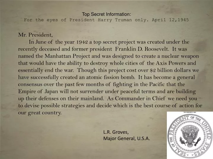 top secret information f or the eyes of president harry truman only april 12 1945