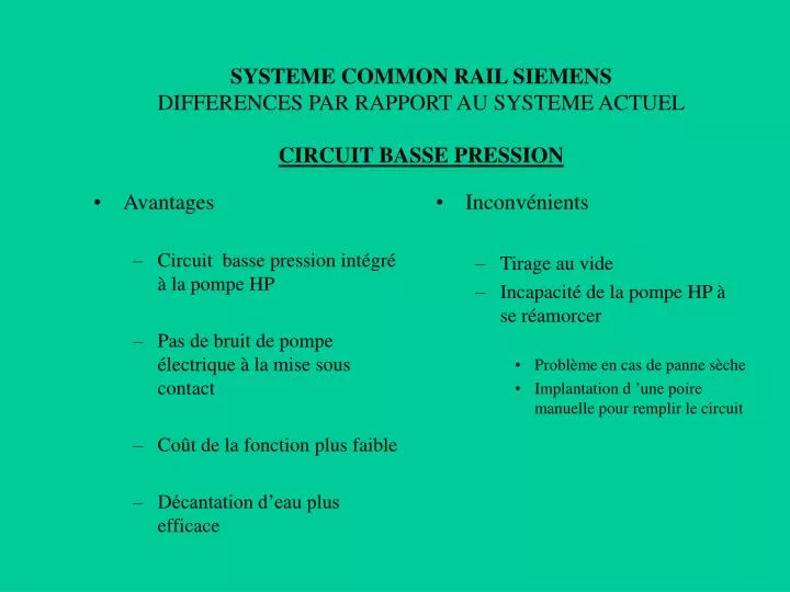 systeme common rail siemens differences par rapport au systeme actuel circuit basse pression