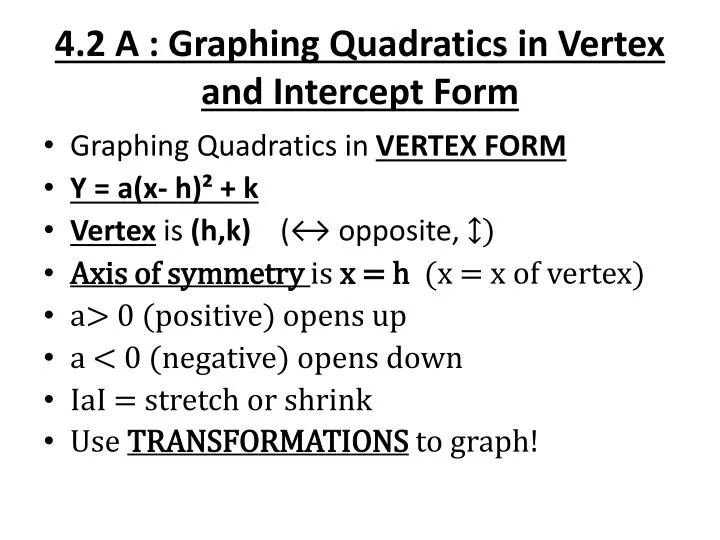 4 2 a graphing quadratics in vertex and intercept form