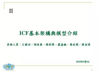 ICF 基本架構與模型介紹 參與人員：王國羽、張恆豪、陳昭榮、嚴嘉楓、黃政閎、蔡宜倩