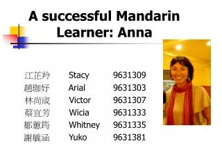 A successful Mandarin Learner: Anna ??? 	 Stacy 	9631309 ??? A rial		9631303