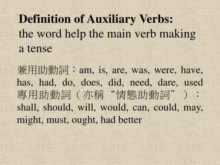 definition of auxiliary verbs the word help the main verb making a tense