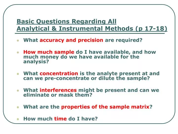 basic questions regarding all analytical instrumental methods p 17 18