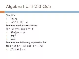 Algebra I Unit 2-3 Quiz
