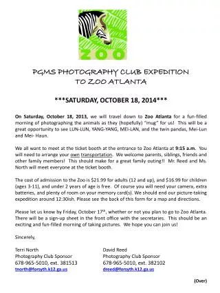 PGMS PHOTOGRAPHY CLUB EXPEDITION TO ZOO ATLANTA ***SATURDAY, OCTOBER 18, 2014***