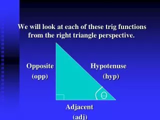 We will look at each of these trig functions from the right triangle perspective.