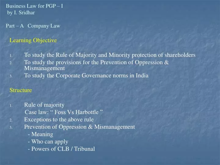 business law for pgp i by i sridhar part a company law
