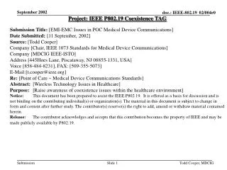 Project: IEEE P802.19 Coexistence TAG