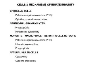 EPITHELIAL CELLS Pattern recognition receptors (PRR) Cytokine, chemokine secretion