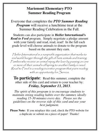 Mariemont Elementary PTO Summer Reading Program