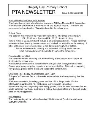 Dalgety Bay Primary School PTA NEWSLETTER Issue 2, October 2009