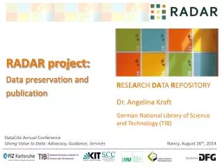 RADAR project: Data preservation and publication