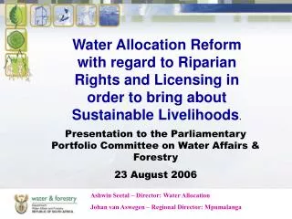 Presentation to the Parliamentary Portfolio Committee on Water Affairs &amp; Forestry 23 August 2006
