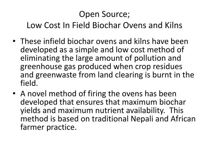 open source low cost in field biochar ovens and kilns