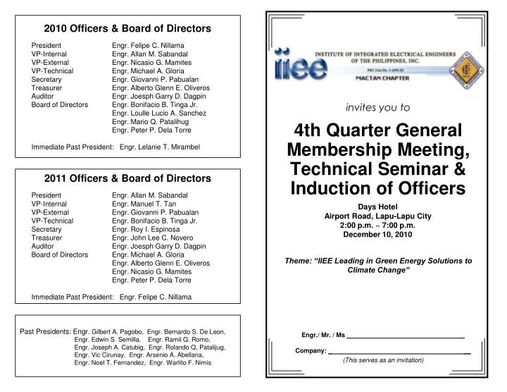 invites you to 4th quarter general membership meeting technical seminar induction of officers