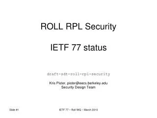 ROLL RPL Security IETF 77 status