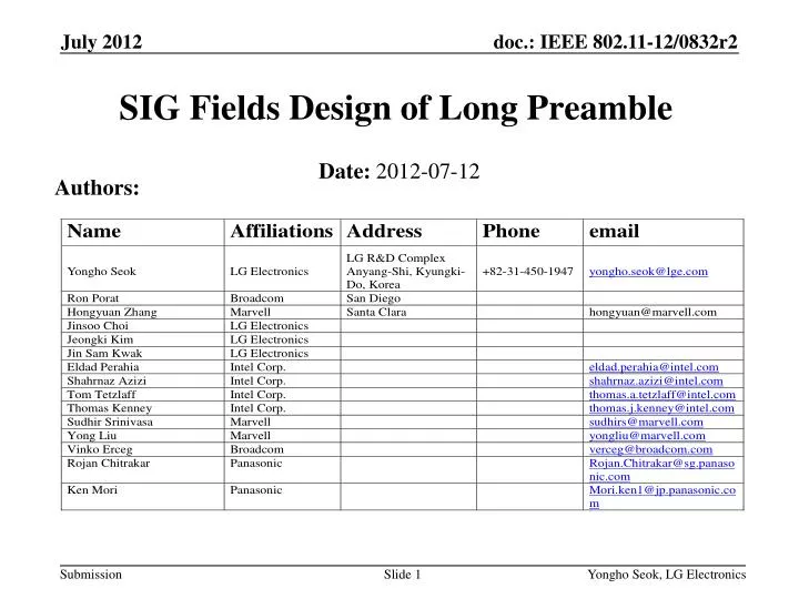 sig fields design of long preamble