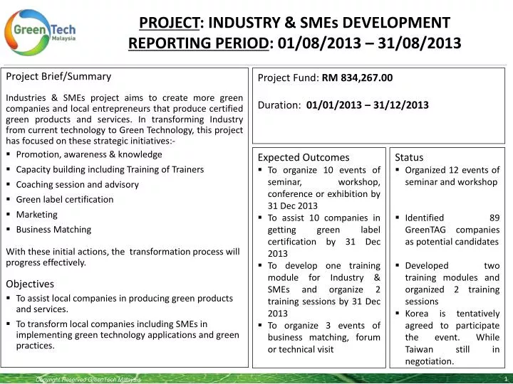 project industry smes development reporting period 01 08 2013 31 08 2013