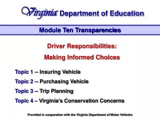 Driver Responsibilities: Making Informed Choices Topic 1 -- Insuring Vehicle