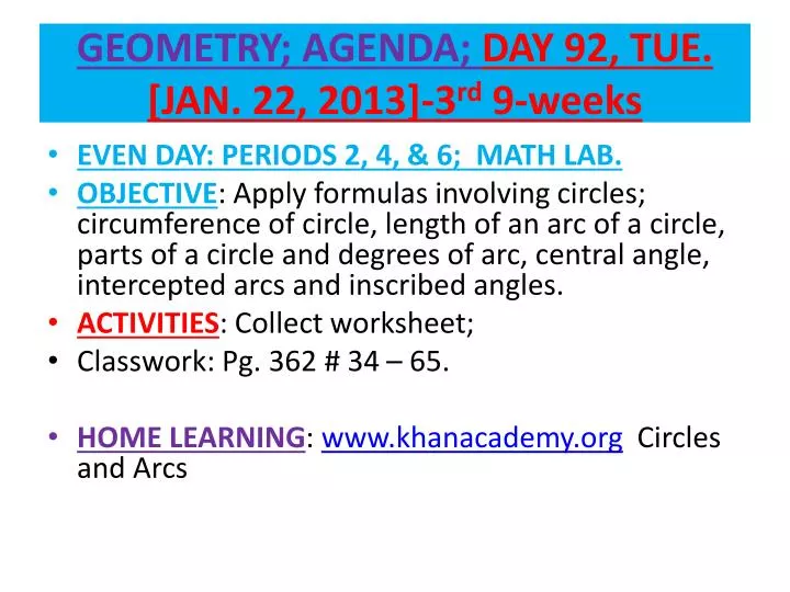 geometry agenda day 92 tue jan 22 2013 3 rd 9 weeks