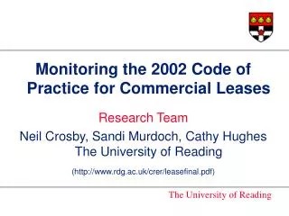 Monitoring the 2002 Code of Practice for Commercial Leases Research Team