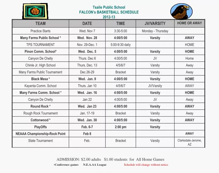 tsaile public school falcon s basketball schedule 2012 13