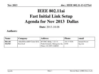 IEEE 802.11ai Fast Initial Link Setup Agenda for Nov 2013 Dallas